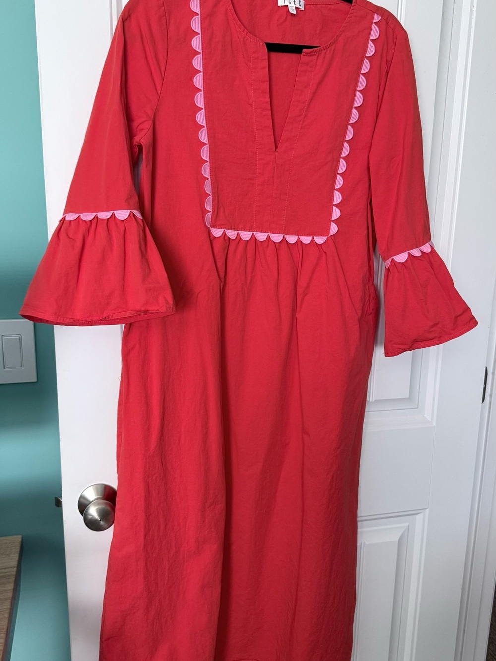 TCEC Red Maxi Dress with Pink Scallop Trim